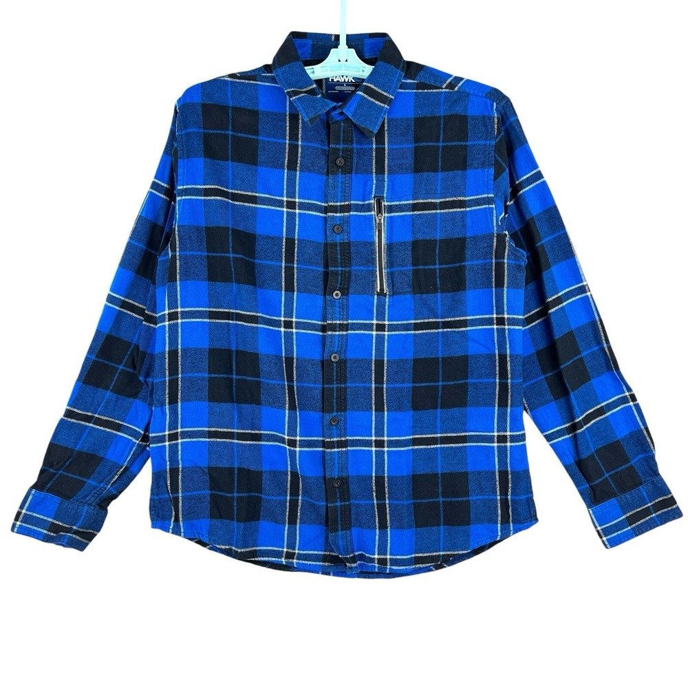 HAWK Men's Plaid Blue Shirt Size Large Regular‎ Fit Long-Sleeve Button Casual